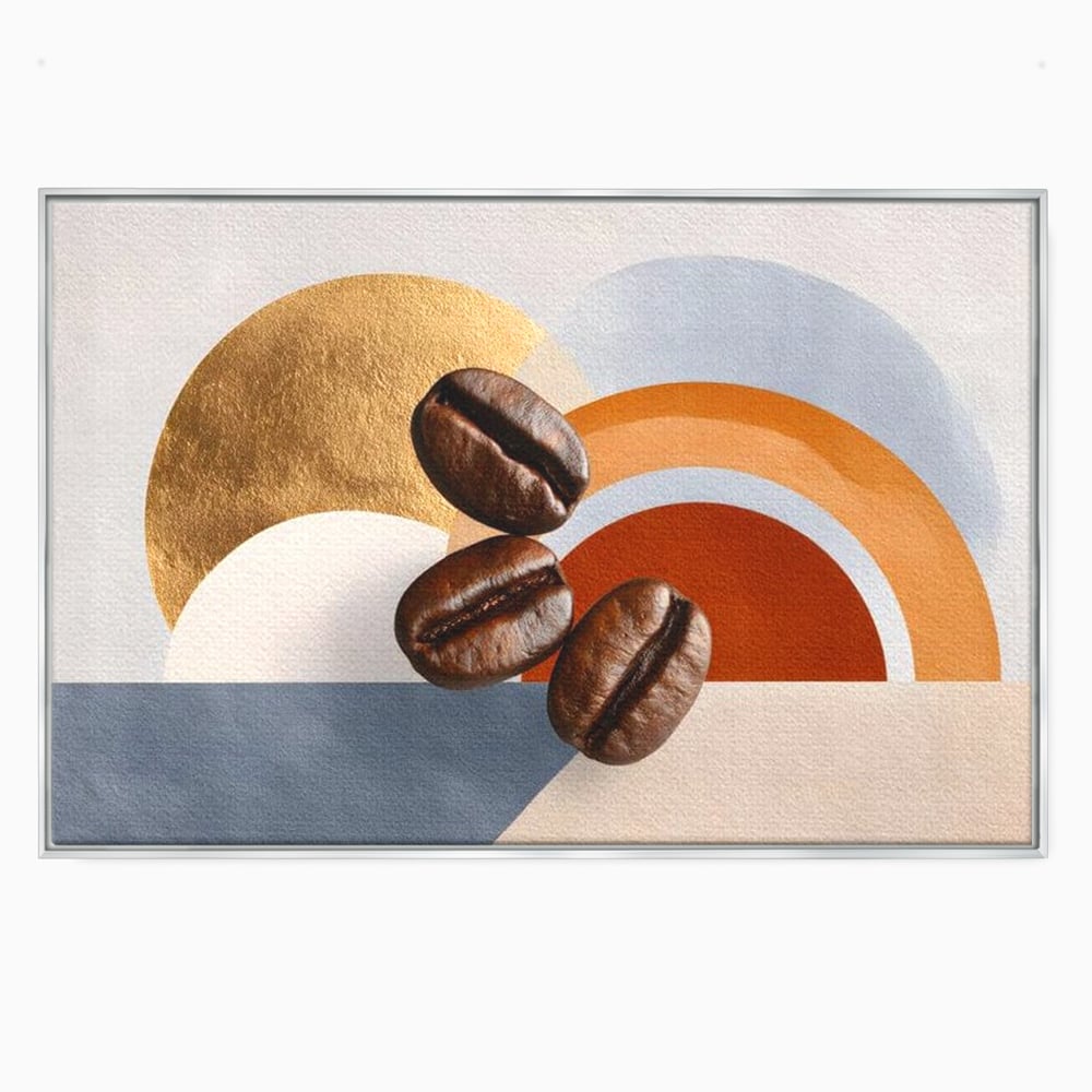 Tablou canvas cu tablou canvas cu boabe de cafea si forme geometrice, in rama de aluminiu argintiu
